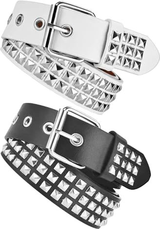 NAROSEBE Partielle 2 Stück Nietengürtel Damen Herren 115cm Nieten Gurtel Gürtel mit Nieten Schwarz Weiß Pyramide Gothic Ledergürtel Punk
