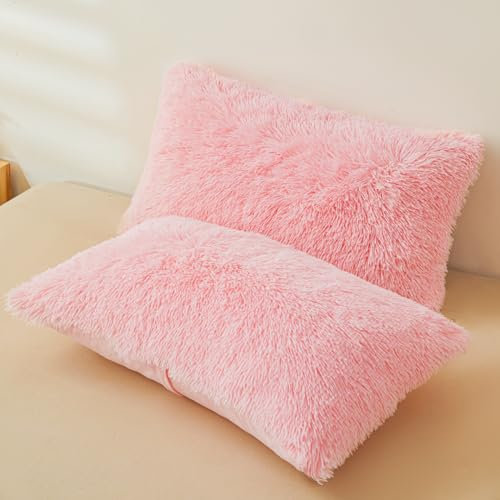 ERLOXO Flauschiger Kissenbezug, ultraweich, zottelig, Plüsch, Kunstfell, flauschig, flauschig, für Bett, Schlafzimmer, dekoratives Kissen, Reißverschluss, 2 Stück (Standard, Rosa)