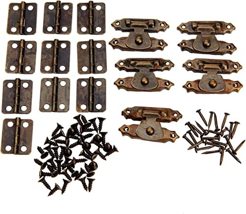 CHULKJFX Antik Retro Haspe Schloss Schnalle Haken Öse Riegel, 10 Stück Bronze Möbel Schrank Scharniere + 5 Stück Schmuck Holzkiste Fall Schalter Schnalle Türriegel Eisen Retro Hardware Zubehör Knopf