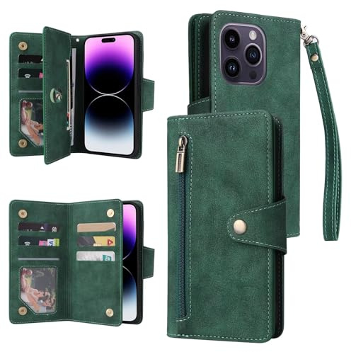 FMPCUON Handyhülle Kompatibel mit Google Pixel 6 Hülle, Magnetisches Flip-Leder, Stoßfeste Schutzabdeckung mit Reißverschluss Kartenfach Geldbörse und Ständer für Google Pixel 6,Grün