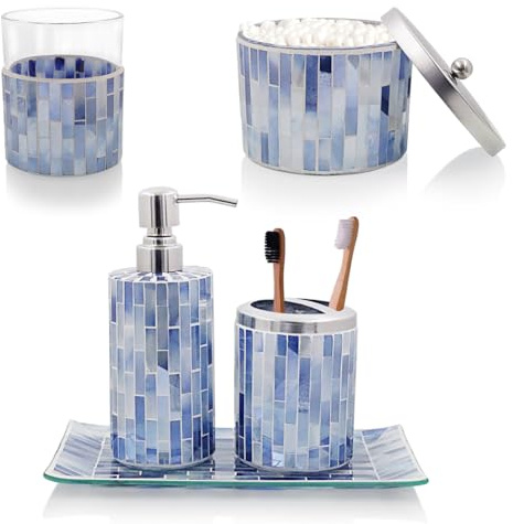 Set di 5 accessori per il bagno mosaico fatti a mano con spazzolino da denti, cotton fioc, supporto per dischetti di cotone, dispenser di sapone liquido e un vassoio gran