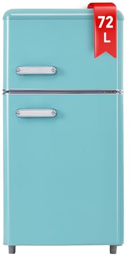 DRIXNO Retro-Kühlschrank, oberer und unterer Doppeltür-Kühlschrank Blau, 72 Liter Gesamtvolumen, mit 21 Liter Gefriervolumen, 120 kWh/Jahr, LED-Licht