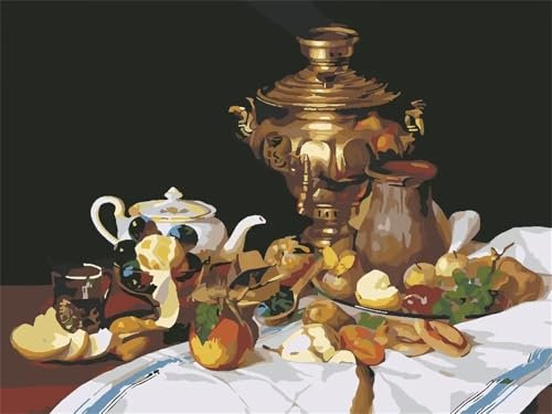 Russisches Frühstück Malen nach Zahlen Erwachsene DIY Handgemalt Ölgemälde Malerei auf Leinwand Kinder Anfänger Malsets mit Pinseln Acrylic Paint by Numbers Kits Haus Wand Decor 70x90cm,mit Rahmen