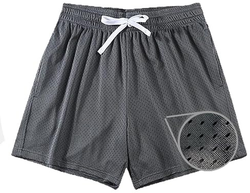 Waghaw Mens Mesh Workout Shorts - Retro 5 Inch Inseam Boys & Mens Grey Mesh Shorts (Grey, M)