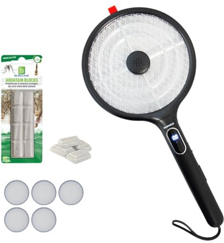 Hygiene System | Racchetta (Colore NERO) Anti Zanzare Daewoo con 4 Esche e Pastiglie Antilarvale Kit Disinfestazione Ecologico Casa Giardino Campeggio