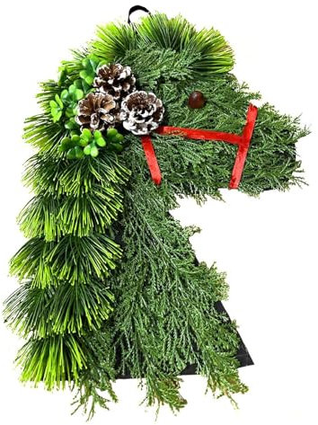 Künstlicher Weihnachtskranz, Pferdekopf-Kranz, Tannenzweig-Kranz mit Rotem Band, Weihnachtskollektion, Weihnachtsdekoration für Tür, Fenster, Wand