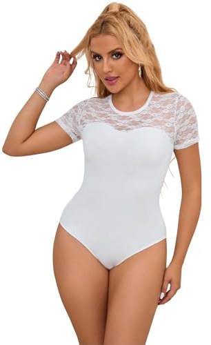 ohyeahlady Weißer Body Große Größen Damen Kurzarm Spitzen Body Oberteile Plus Size Sexy Elegant Bluse Outfit für Mollige Frauen Stringbody Sommer Curvy Unterziehbody Oberteil Tops Übergroße Weiß,XXL