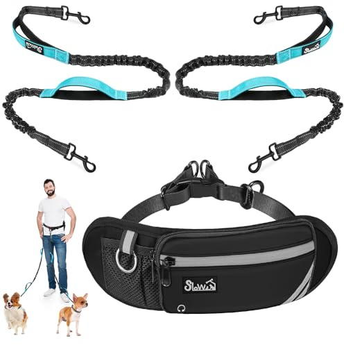 SlowTon Joggingleine Hunde mit Bauchgurt für 2 Hunde,Freihandleinen Jogging Hundeleine für große und mittelgroße, Elastische Reflektierende Laufleine 150-200cm für Laufen, Joggen