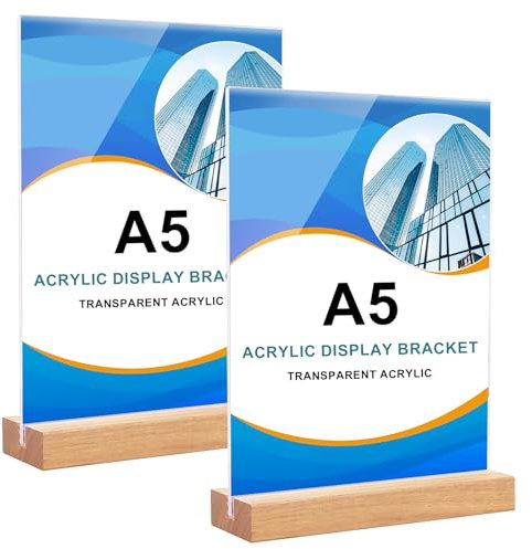 NLONLL 2 Stück Tischaufsteller A5 Acryl Aufsteller mit Holzfuß Preisschilder Menükartenhalter Fotoaufsteller Werbeaufsteller Display Tischständer für Menükarte, Cafe, Büro, Restaurant (21 x 15cm)