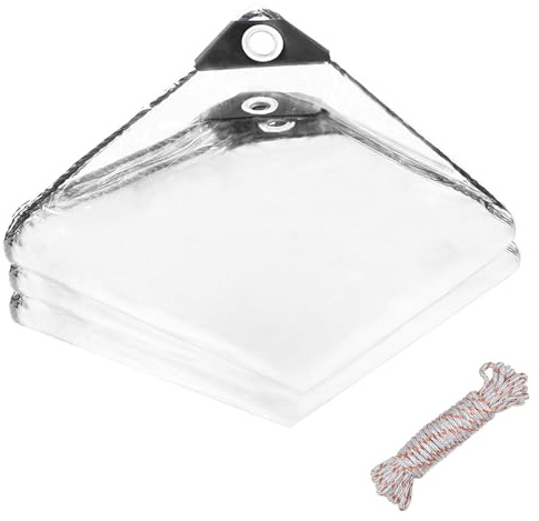 FOGAWA 2 x 2 m Telone Trasparente con Occhielli in PVC, 400 g/m², Telone Impermeabile Trasparente, Telon per esterno, con 10m Corda Antivento, per Balcone, Giardino, Serra, Barche, Auto