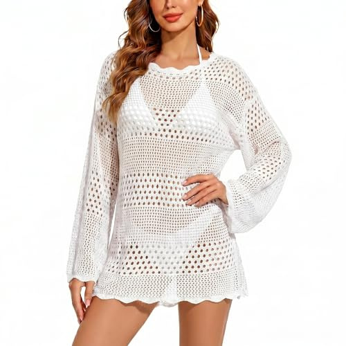 Justay Comf Strandkleid Damen Gestrickt Aushöhlen Sommerkleid Sexy Bikini Cover Up Langarm Pareo Strand Bademode