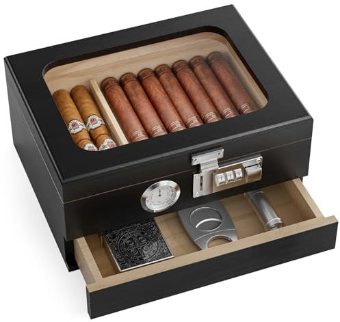 2 Layers Cigar Humidor for 25-30 Cigars, Portable Humidor Cigar Travel Box with Hygrometer and Humidifier, Handcraft Pine Wood Cigar Case Cigar Accessories Gift (Without Cigars, Lighter & Cutter)