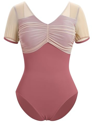 IWEMEK Ballett Trikot Damen Mesh Kurzarm Ballettanzug Gymnastik Ballettbody V-Ausschnitt Bodysuit Body Sport Gymnastik Turnanzug Top Kost�m Rosa XL