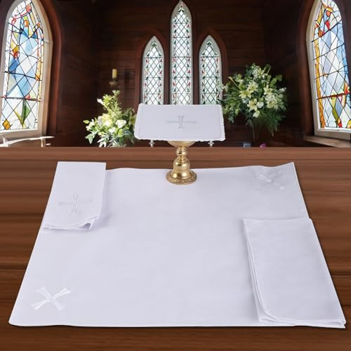 4 Pack Altar Supplies Linen Corporal for Churches Sets (Pall,Corporal,Purificator,Towel) White Linen Altar Cloth Silver Cross Embroidery,Mass Kit Catholic for Priest