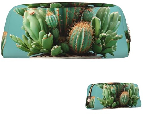 WLKSNBVD Leather Pencil Case Large Capacity Pencil Pouch Aesthetic Pen Pouch Organizer with Zipper Portable Big Cactus Flower Pot Pen Bag for Women Men Makeup Brush Bag Travel