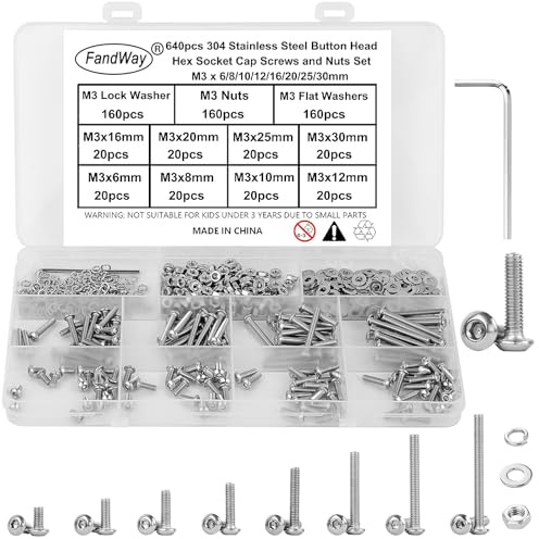 FandWay 640Pcs M3 Bolts and Nuts Set,Button Head Machine Screws,304 Stainless Steel Allen Screws,Hex Socket Cap Screw Nut Bolt and Flat & Lock Washers Assortment Kit,Fully Threaded With Allen Key.