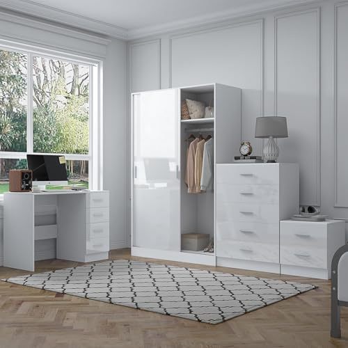 Reflect 2 Door Sliding Wardrobe, 5 Drawer Tallboy Chest, 2 Drawer Bedside Table & Desk/Dressing Table | White Gloss & Matt White Finish | Modern Bedroom Furniture Set