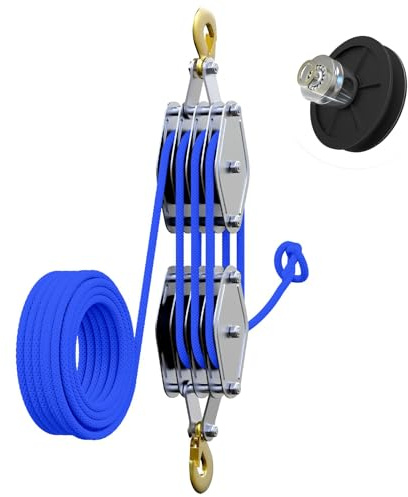 Block and Tackle 4400 LB Breaking Strength Heavy Duty Pulley, 65 Ft Rope Pulley, 7:1 Lifting Power Pulley System, Pulley Hoist for Animal Husbandry, Warehouses, Constructions(Blue)