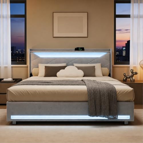 BRILVERDE Polsterbett 140x200 mit Stauraum, Doppelbett mit LED-Licht und USB, Funktionsbett mit Kopfteil, Bettgestell mit Lattenrost, Leinen (Grau, 140 x 200 cm)