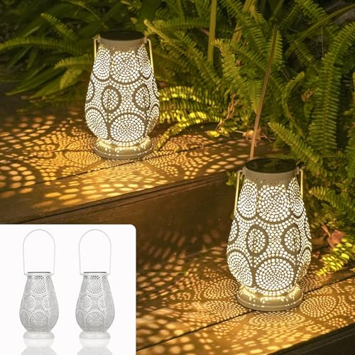 JOYCREATOR 2 Stück Solarlampen für Außen Garten, IP65 Wasserdichte Solarlaterne für Außen Hängend Orientalische, Warm LED Solar Laterne Deko Patio Baum Rasen Camping, Geschenke für Frauen (Weiß/Klein)