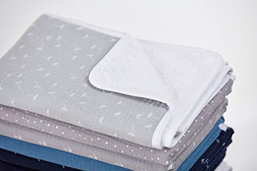 KraftKids Wickeltischunterlage Musselin grau Pusteblumen, Windelmatte aus 100% Baumwolle, wasserundurchlässige Reise-Wickelunterlage