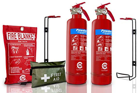 Gas Safe Engineers FIRE Safety Essential Pack 2 X 1 KG ABC Dry Powder Portable Fire Extinguisher (BSi KITEMARKED) + First AID KIT + 1 M X 1 M Fire Blanket