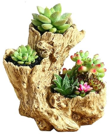 Yanmilia Artificial Driftwood Planter Wood Like Succulent Container Rustic Faux Log Stump Planter Indoor Outdoor Decorative Flower Pot (Style D)