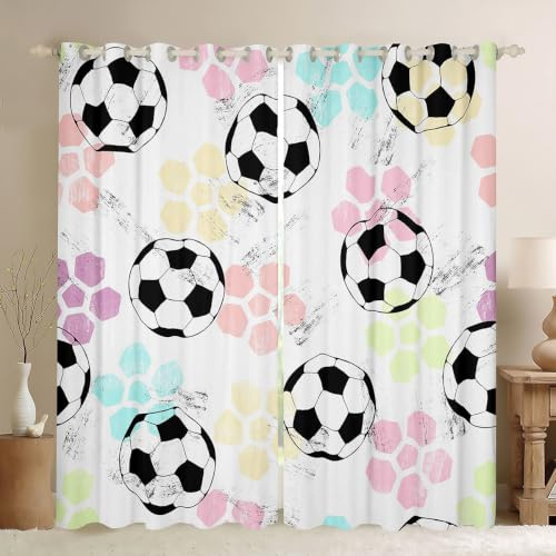 Feelyou Kinder-Fußball-Fenstervorhänge, Sport-Themen-Vorhänge für Schlafzimmer, Kinder-Fußball-Muster, Verdunkelungsvorhänge, bunt, Grunge-Stil, Fensterbehandlungen, Dekoration, 2 Paneele, 213,4 x