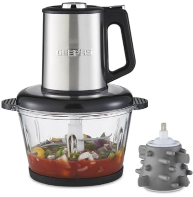 GEEPAS Mini Food Processor 2L Glass Chopper Bowl Garlic Peeler 500W Silver | Stainless Steel Blades, Non-slip Feet, 3 Speed , Copper Motor, Plum Interface Lock, Safe & Easy to Use