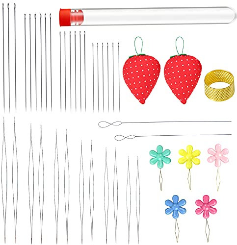 Dzsomt Perlen Nadel Set 44 Stücke Perlennadeln zum Auffädeln von Perlen Bead Nadel Dünne Bead Ndeln Perle Einfädler Große Augen Nadeln mit Blume Perle Einfädler und Fingerhut