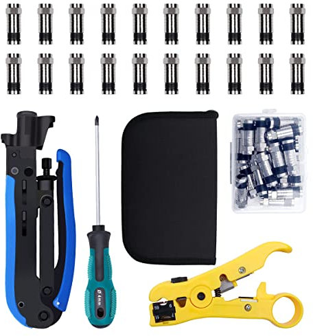 Zhushan Kit de crimpador de cable coaxial, herramienta de compresión, juego de crimpador de cable coaxial con 20 conectores de compresión F, RG6 RG59 RG11 75-5 75-7 pelacables coaxial