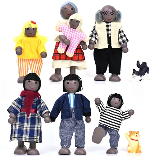 Jzszera Dolls House People of 7 träfigurer set och 2 husdjur, söt liten familj set för dockhus tillbehör