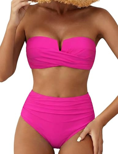 Hilor Halter Bikini Set Two Piece Push Up Swimsuit High Waisted Bandeau Bathing Suits Ruched Tummy Control Swimwear Hot Pink 10