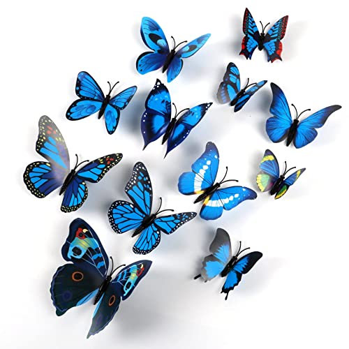 HDKAJL 3D Schmetterlinge Deko, 72 Stück Blau Schmetterling Wanddeko Aufkleber Wandaufkleber Schmetterlinge Dekoration Schmetterling Wandtattoo für Kinderzimmer Schlafzimmer Wohnzimmer Fasching Deko