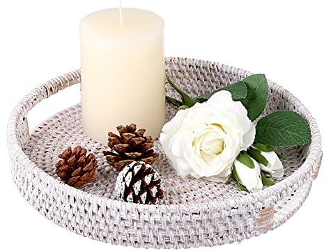 IGNPION Rattan-Serviertablett, 25 cm, dekoratives Tablett, Tisch, Aufbewahrungstablett mit Griff, Schreibtisch-Organizer, Tablett für Geschirr, Make-up, Schminktisch, Schmuck, Ornament, weiß gekalkt
