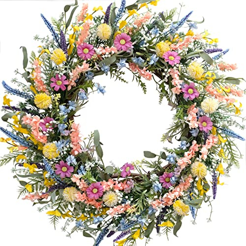 Egolot 26 Inch Spring Summer Colorful Flower Wreath for Front Door, Forsythia Lavender Wild Flowers Wreath for Home Decor, Colorful Wild Flowers with Green Leaves for Everyday