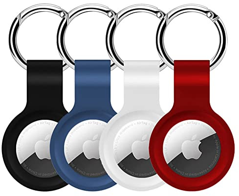 Alsukeay Lot de 4 étuis de Protection en Silicone pour AirTag avec Porte-clés - Compatible avec AirTag Tracker Portefeuille, Sacs à Dos, Bagages, Chien, Chat (Noir/Bleu/Blanc/Rouge)
