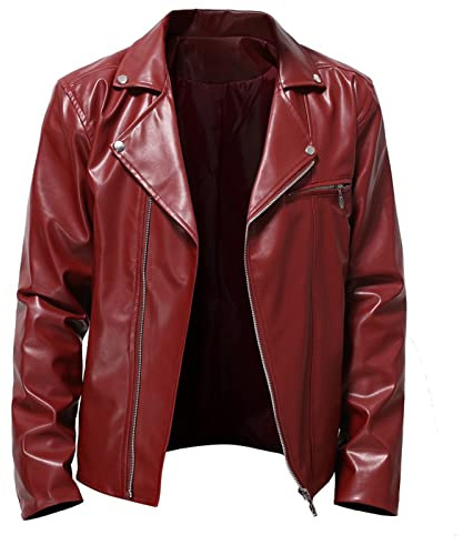 HAOLEI Leather Jackets for Men Sale Clearance, Motorcycle Bomber Jacket Mens Leather Lapel Asymmetric Zip-Up Biker Coat Windproof Warm Jackets Black Red Windbreaker Faux Leather Outwear with Pockets