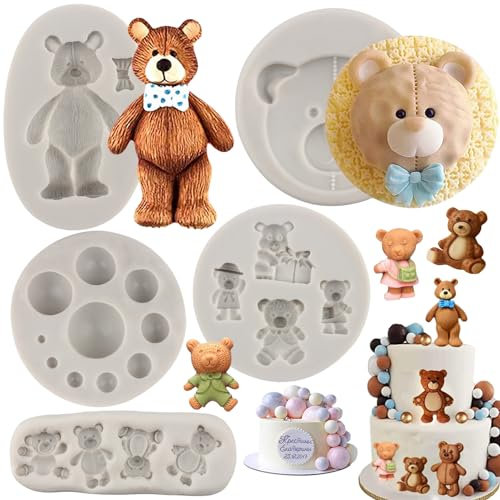 MYPRACS 3D Perle Fondant Moule Ours Silicone Fondant Moule Boule Perle Semi Sphère Chocolat Moules Pour Ours En Peluche Décoration De Gâteau Bonbons Sucette Argile Polymère Pâte De Gomme Ensemble De 5
