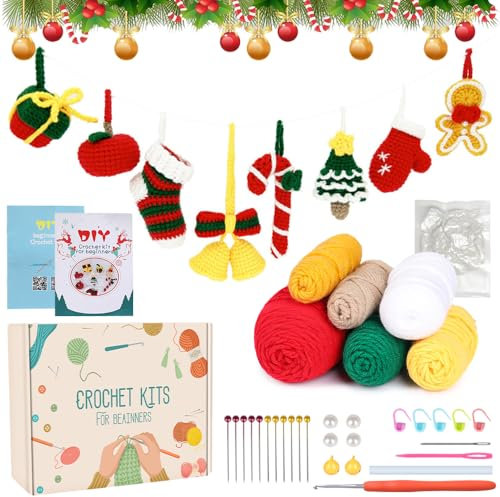MJARTORIA Weihnachten Häkelset für Anfänger, Häckeln Stricken für Anfänger Set mit Anleitung Häkelnadeln Garn, Kreativ Strickset Bastelset Erwachsene Kinder Geschenk Weihnachtsmann(Bunt Set2)