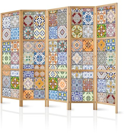 murando - Paravent Raumteiler Holz Natur, 225x172 cm, 5-teilig, Wohnzimmer | Mobiler Sichtschutz, sofort einsatzbereit, Holzrahmen, ideal fürs Wohnzimmer oder Büro, geruchsneutral, lichtbeständig