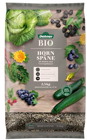 Dehner Bio Hornspäne, hochwertiger Dünger für Balkonpflanzen/Gartenpflanzen, ökologischer Universaldünger, natürliche Langzeitwirkung, 2.5 kg, ca. 25 qm, bunt