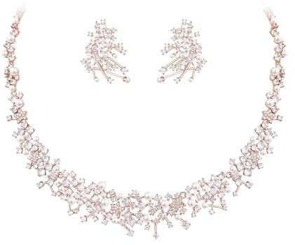 EVER FAITH Schmuckset für die Braut, wunderschöne Cubic Zirkonia Kunstperlen Weiß Rosegold-Ton Stern Braut Prom Halskette Ohrringe Set für Damen