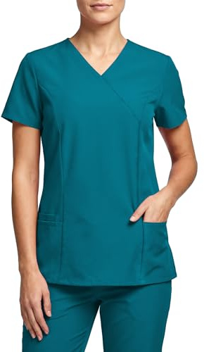 Stenso Nobby Blouse Medicale Femme - Tenue Infirmiere Professionnelle Blanche Équipée Col en V, Manches Courtes, Fentes Latérales, Trois Poches, Matériau Élastique et Stretch Bleu Caraïbes XS