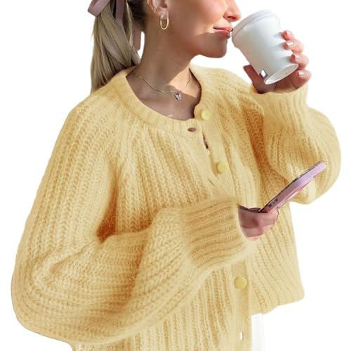LINONI Damen-Strickjacke 2024, vorne offen, grob, weicher Strickpullover, Knopfleiste, lockere Strickjacke, gelb, Klein