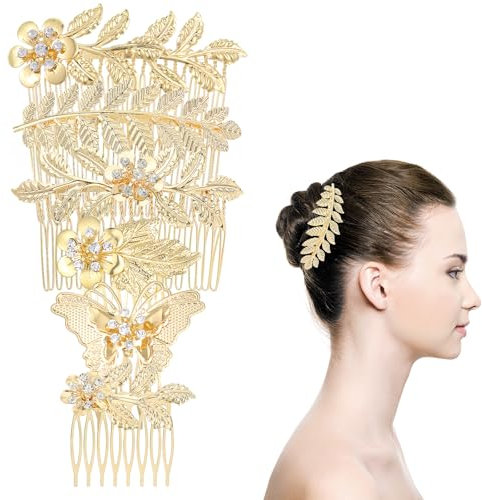 Amaxiu Lot de 6 peignes à cheveux en forme de feuille dorée avec strass - Accessoire de mariage pour femme et fille - Épingles à cheveux