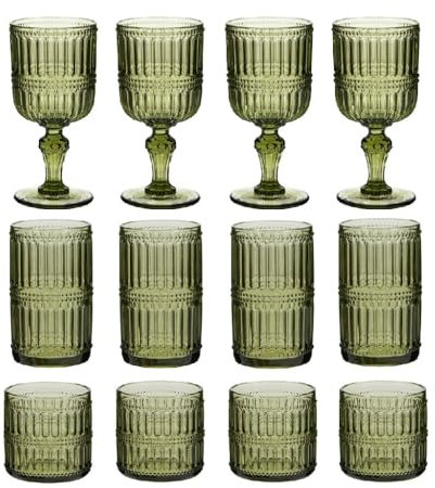 12pc Glassware Set of 4 Wine Glasses, Highball Glasses & Tumblers Emerald Green Dishwasher Safe Vintage Style Embossed Glass Set Alfresco Dining Ribbed Glasses Set