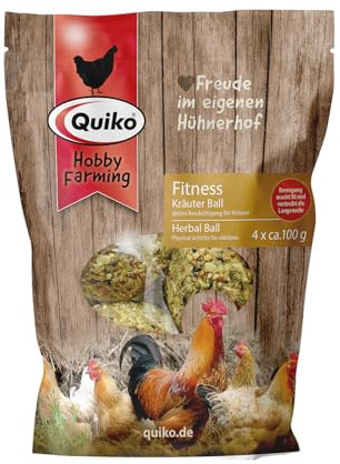 Quiko Hobby Farming Fitness Kräuter Ball für Hühner 4X 100g | Bunter Spielball aus schmackhaften Kräutern & Leckereien, fördert das natürliche Pickverhalten, mit Experten entwickelt