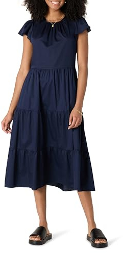 Amazon Essentials Mujer Vestido Midi, a Capas y Holgado de Satén de Algodón con Cuello Redondo