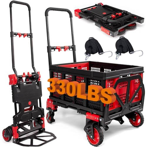 Carretilla de mano plegable 2 en 1 con mango retráctil, capacidad de 330 libras, carrito de mano resistente con cesta, carrito plegable con ruedas para equipaje, mudanza/viajes